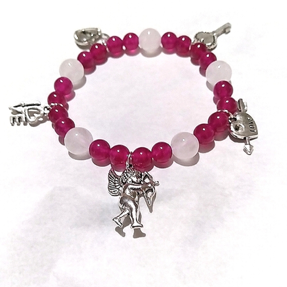 Handmade Pink and White Jade Love Charm Bracelet